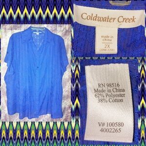 Coldwater Creek Navy Semi-Sheer Filigree Print Woven Button Front Top 2X(20/22W)